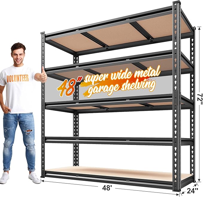 REIBII 48" W Garage Shelving 3020LBS Storage Shelves 5 Tier Heavy Duty Shelving Adjustable Garage Shelves for Basement, Warehouse, Commercial, Easy Assemble, 48" W x 72" H x 24" D