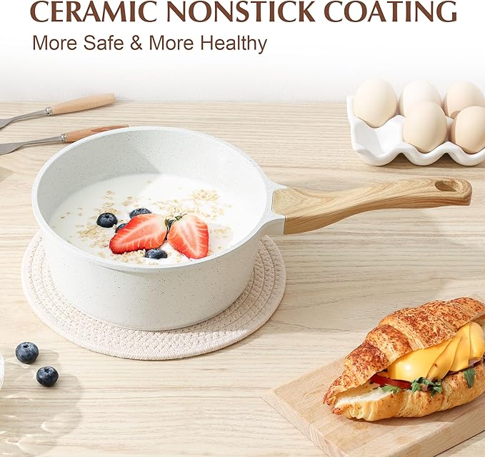 SENSARTE White Ceramic Nonstick Saucepan with Lid 2.0 Quarts, Small Cooking Pot with Stay Cool Handle, Induction Compatible Saucepot, White Granite Coating, Free of Intentionally Added PTFE/PFOA/PFAS