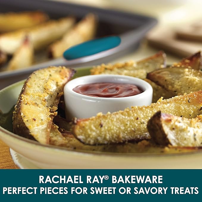 Rachael Ray Nonstick Bakeware Set with Grips includes Nonstick Bread / Baking Pans, Cookie / Baking Sheet and Cake Pans - 10 Piece, Gray with marine blue grips