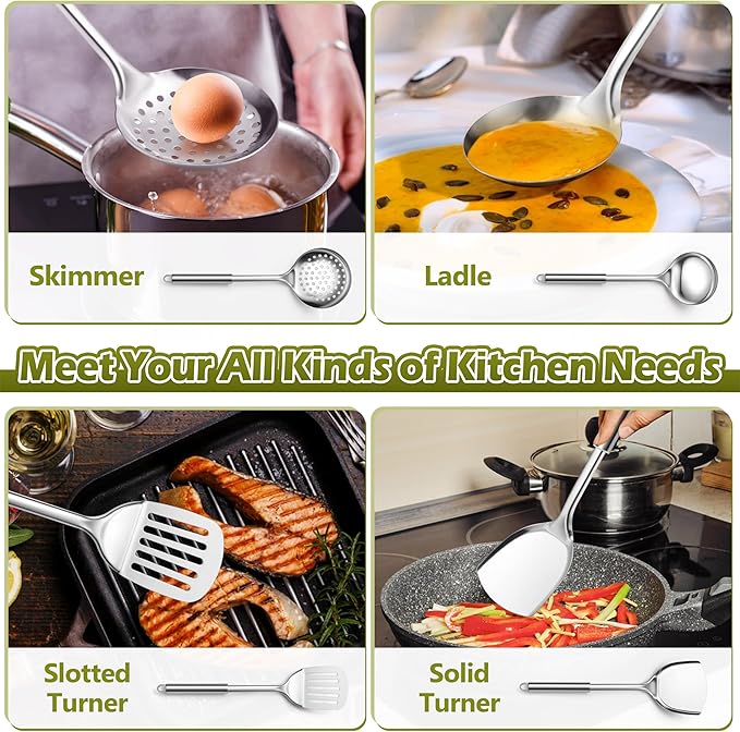 E-far Cooking Utensils Set, 10-Piece Stainless Steel Kitchen Utensils with Holder, Metal Heat Resistant Kitchen Cookware Tool Spatula Set for Cooking, Easy Clean & Dishwasher Safe