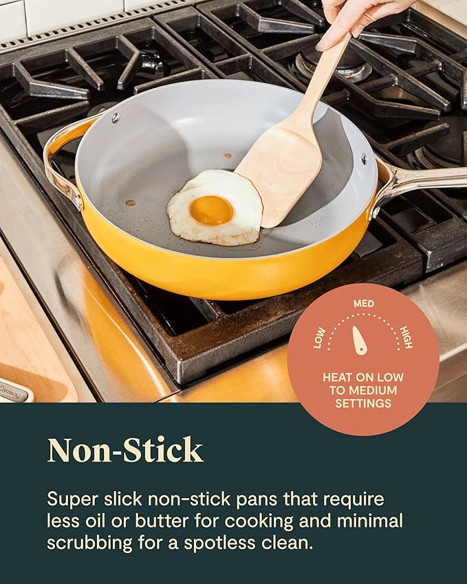 Caraway Deluxe Non-stick Ceramic Cookware Set (16 Piece) Pots, Frying Pans, Lids and Kitchen Storage - PFAS & PFOA Free - Oven Safe Pan Set & Compatible with All Stovetops - Cream