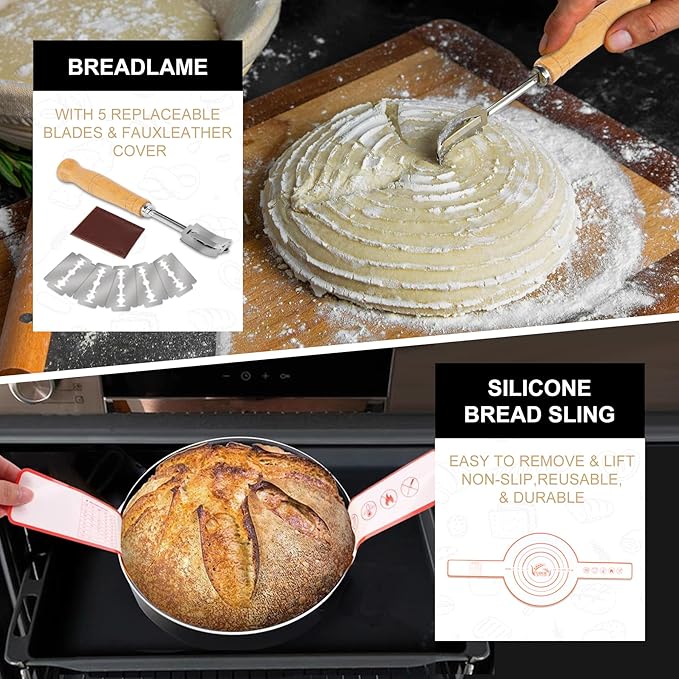 Sourdough Starter Kit with 2 Oval Banneton Proofing Baskets, 24oz Sourdough Jar, Silicone Pastry Mat, Bread Sling and Essential Tools for Sourdough Bread Making