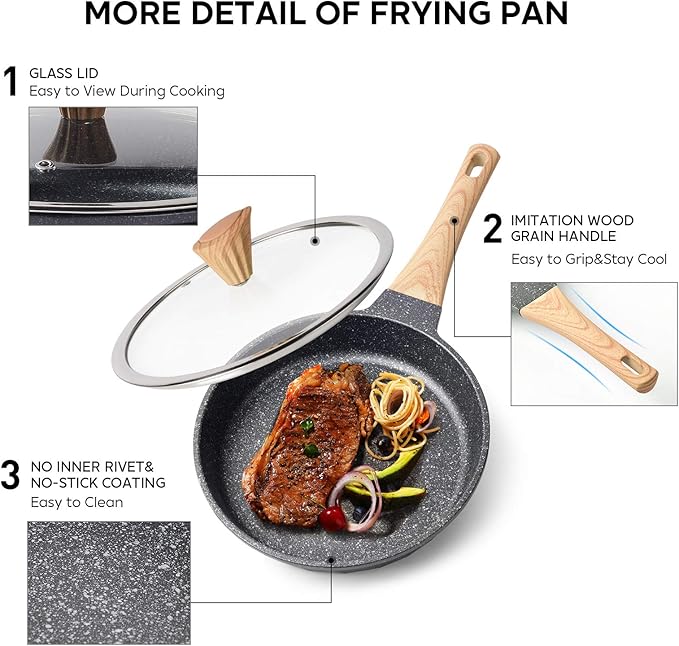 Non Stick Frying Pan Set - Stone Skillet Set, Kitchen Omelette Pans, Induction Chef' Pan Grainte Cookware Set, Nonstick Frying Pans with Lid(8inch&9.5inch&11inch)
