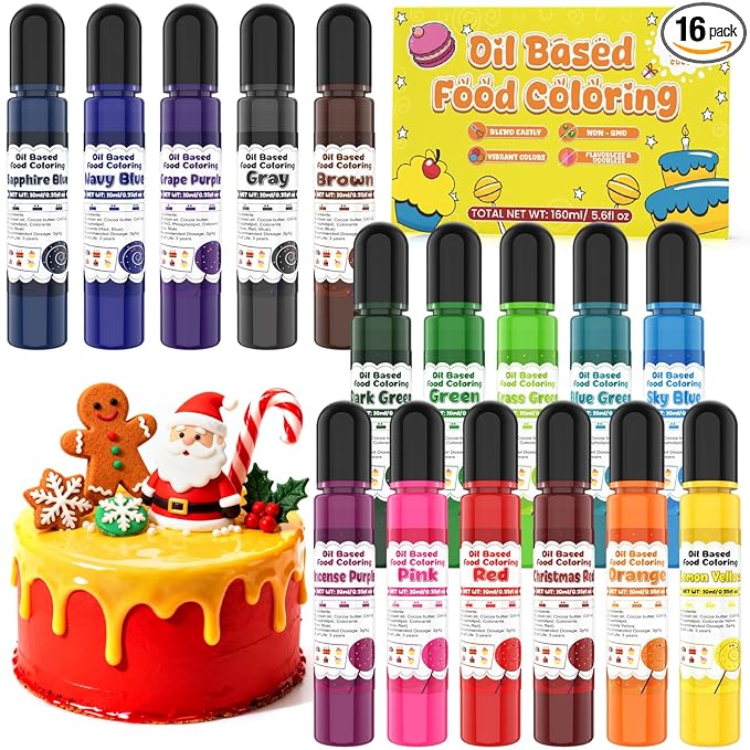 Oil Based Food Coloring for Chocolate - 16 Colors Concentrated Oil Food Dye, Food Grade Dye Set for Melting Chocolate, Candy Melts, Icing Frosting, Fondant, Christmas Cake Decorating, Baking, Cookies - 0.35 Fl.Oz/Bottles