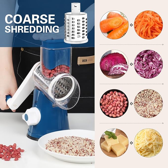 Cambom Rotary Cheese Grater Hand Crank Cheese Shredder for Fresh Cheese, Vegetable, Nuts,Non-slip Suction Base, Free Cleaning Brush Three Blades,Deep Blue