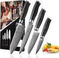Wakoli MIK Damascus 4-Piece Knife Set – Japanese Style Kitchen Knives | Genuine Damascus Steel Blades with VG10 Core | Ergonomic Micarta Handles | Professional Chef Knife Set in Gift Box
