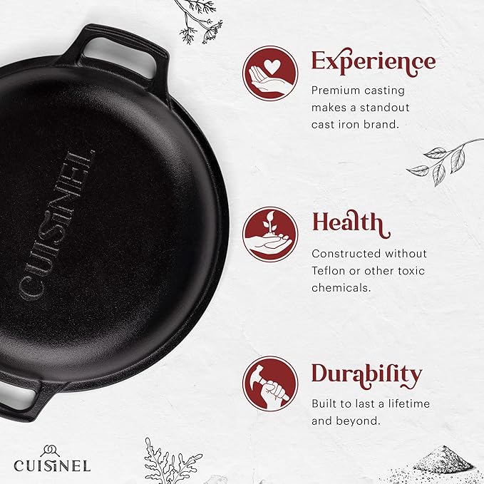 Cuisinel Cast Iron Dutch Oven 7-Quart - Pre-Seasoned 2-in-1 Deep Pot Multi-Cooker - Combo Lid Doubles as 12" Skillet Frying Pan + Silicone Handle Covers + Scraper/Cleaner - Indoor/Outdoor Cookware