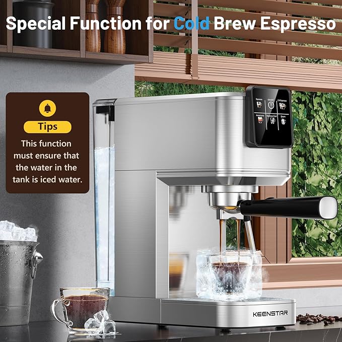 KEENSTAR 20Bar Espresso Machine with Hot & Rapid Cold Brew, Stainless Steel Coffee Makers, Espresso Maker with Milk Frother Steam Wand, Touch Screen with Water Tank for Latte, Cappuccino, Gift