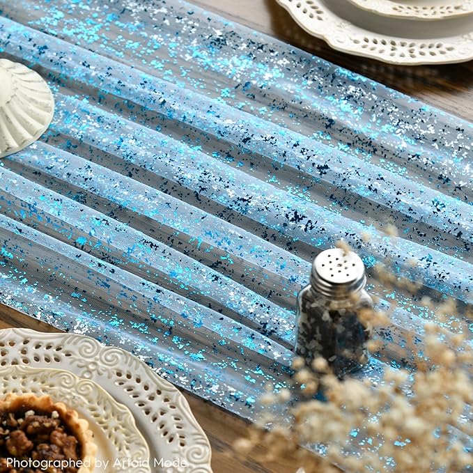 Artoid Mode Light Blue Gold Gauze Table Runner 120 Inch 10FT, Glitter Metallic Foil Sheer Dining Wedding Anniversary Holiday Table Decor for Home Party