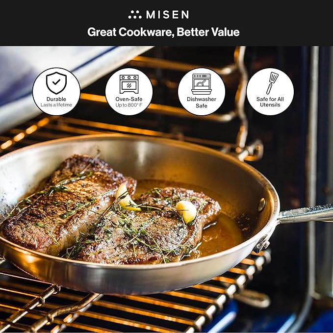 Misen 5-Ply Stainless Steel 10" Frying Pan - Professional Cookware for Induction, Gas and Electric - Dishwasher Safe, Oven Safe to 800°F - Durable, Versatile, Even Heating