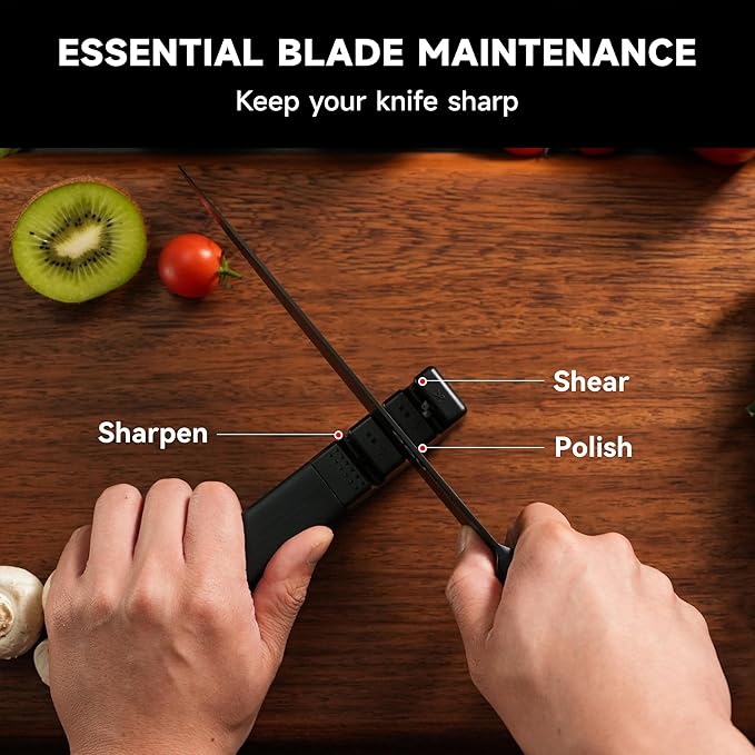 OOU Knife Set with Block and Sharpener,9 Pcs High Carbon German Steel Knife Block Set, Dishwasher Safe Knife Set with Upgrade Ventilated Block & Built-in Cutting Board Organizer, Anti-Rust