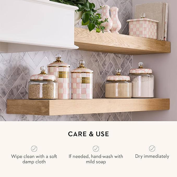 MACKENZIE-CHILDS Rosy Check Kitchen Canister, Decorative Pink-and-White Glass Storage Jar with Lid, Medium