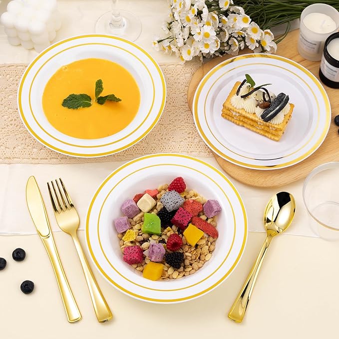 100 Pack Disposable Soup Bowls with Gold Rim, 12oz Premium Heavy Duty Plastic Dinner Bowls for Party, Wedding and Holiday