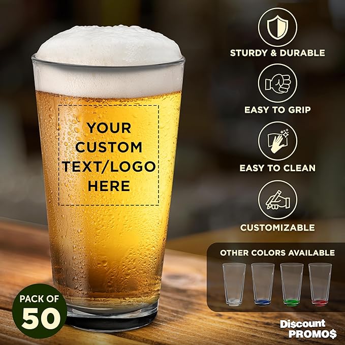 Custom Casale Pint Glass 16 oz. Set of 50, Personalized Bulk Pack - Beer Glasses, Heavy Duty Drinkware - Black