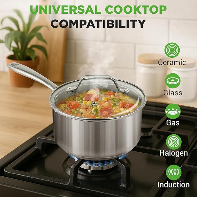 NutriChef 2 Quart Stainless Steel Pot with Lid - Heavy Duty Saucepan with Ergonomic Handles, For All Cooktops