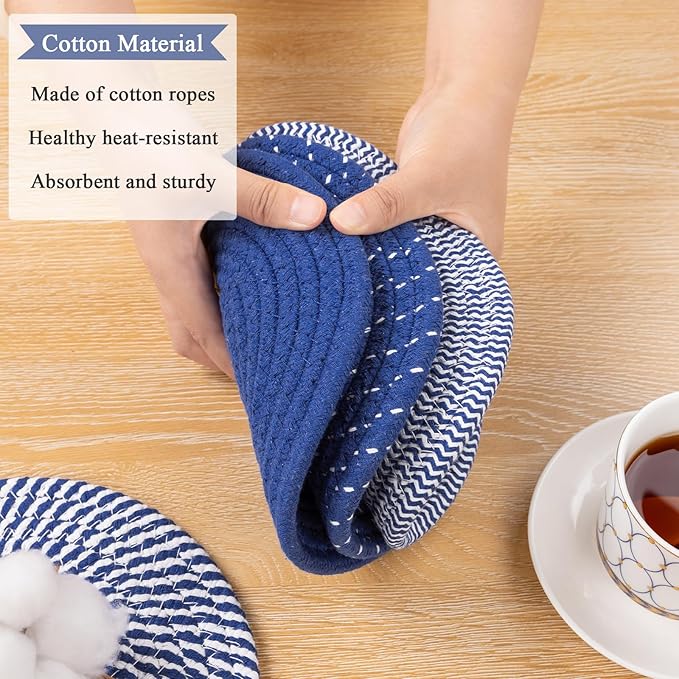 SHACOS 8 Inches Trivets for Hot Dishes, 4 Pieces Cotton Trivets Mats for Kitchen, Hot Pads for Countertops and Table, Heat-Resistant Pot Holders for Hot Pots and Pans(Deep Blue, 4pcs)