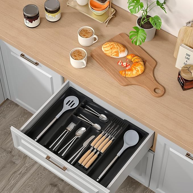 Bamboo-Silverware-Drawer-Organizer-Kitchen, Expandable Utensil Holder Cutlery Tray Flatware Organization Adjustable Wood Tableware Dividers Storage (with Removable Knife Block)(Black)