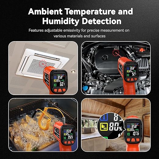 '-58°F to 2732°F Infrared Thermometer IR Laser Gun 50:1, Digital Temperature Gun/K-Type Probe -4°F~932°F, Humidity Sensor, High-Temp Pyrometer for Kiln, Forge, Furnace, Industrial Use