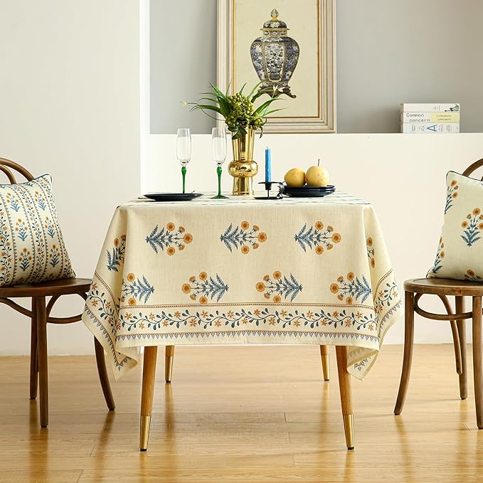 ISAENNE Designer French Pale Yellow Table Cloth for Rectangle Table,Linen Floral Tablecloth,Wrinkle Resistant Decor Tablecloths for Dining Thanksgiving Banquet Kitchen,55"*79"-Estevan A