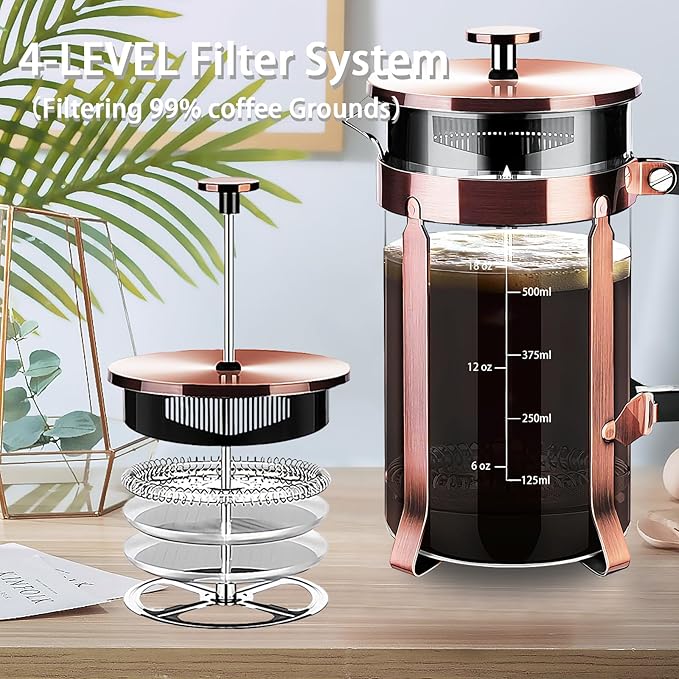 French Press Coffee Maker 304 Stainless Steel Coffee Press,with 4 Filters System, Heat Resistant Thickness Borosilicate French Press Glass, BPA-Free Brewed Tea Pot Coffee Plunger(Copper 12oz)