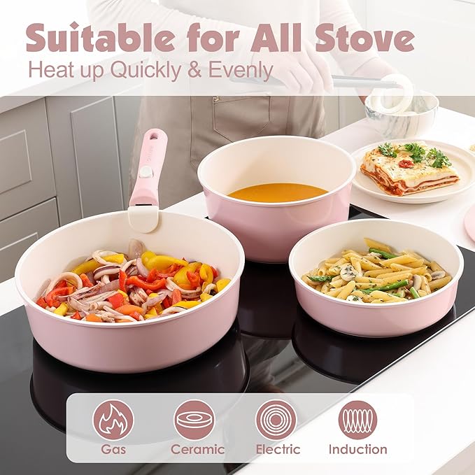 SENSARTE 17 Piece Ceramic Pots and Pans Set, Nonstick Detachable Handle Cookware, Induction Kitchen Cookware Set with Removable Handle, Dishwasher ＆ Oven Safe (Pink)