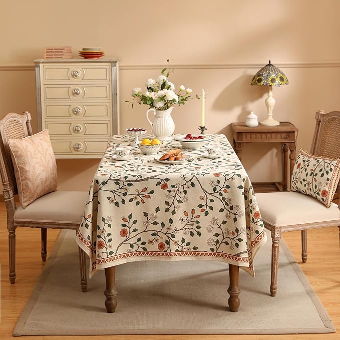 ISAENNE Designer Floral Extra Long Rectangle Tablecloth,French Linen Light Beige Indoor Table Cloth,Fall Wrinkle Resistant Decor Tablecloths for Dining Thanksgiving Kitchen,63"*110"-Flora A