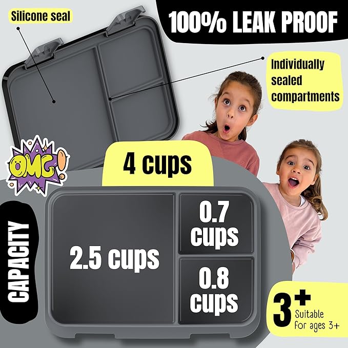 BEARFOOT Kids Lunch Box with Compartments – Compact & Lightweight | Leak-Proof, BPA-Free, Dishwasher & Microwave Safe | Hand-Drawn Design for Preschool, School, Travel (Sticker Black, 4 Cups)