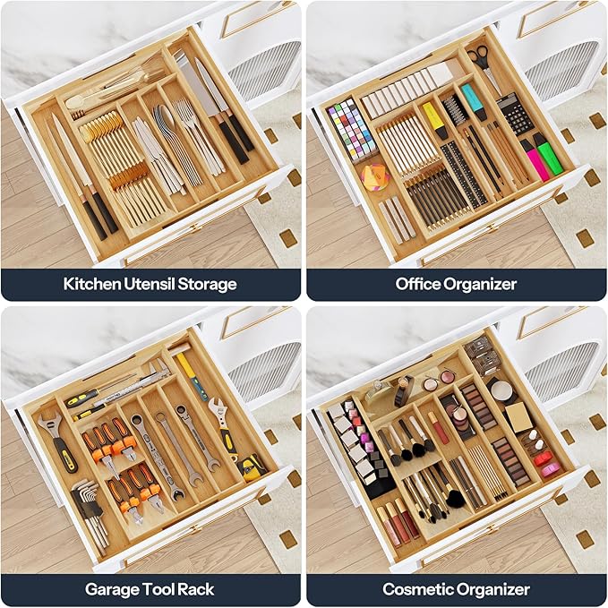 HOOBRO Silverware Organizer Kitchen Drawer Organizer, Expandable Utensil Drawer Organizer, with 2 Knife Block, Bamboo Cutlery Tray with Divider for Flatware and Kitchen Utensils, Natural YL06TL01
