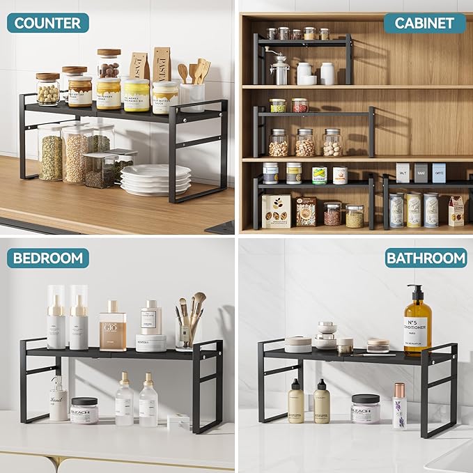 Expandable Cabinet Shelf Organizer Riser for Kitchen Pantry Cupboard Under Sink Countertop Home Storage Organization Rack Space Saver
