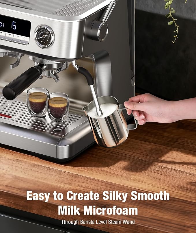 Kndko Double Boiler Espresso Machines with Built-in 30 Grind Settings, 20 Bar Stainless Steel Coffee Maker with Milk Frother Steam Wand, Barista Espresso Maker for Home Cappuccino Latte & Americano