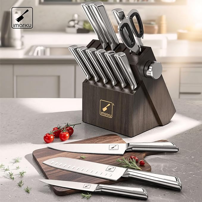 Knife Sets for Kitchen with Block imarku G14 Japanese Knife Set Stainless Steel Kitchen 14pcs, Built-in Sharpener, Sharp Knives with Non-slip Ergonomic Handle - Dishwasher Safe, Home Essential Gifts