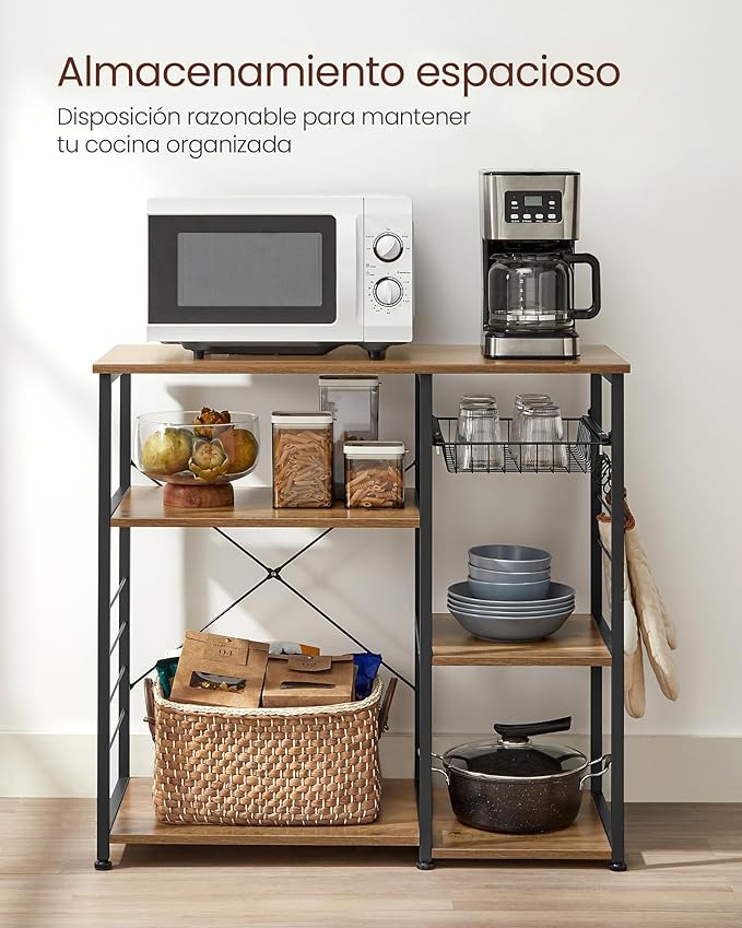 VASAGLE ALINRU Kitchen Baker’s Rack, Coffee Bar, Microwave Oven Stand, with Steel Frame, Wire Basket, 6 Hooks, for Mini Oven, Spices Utensils, Industrial, Rustic Walnut and Black UKKS090B41