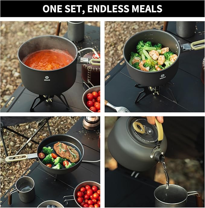 Alocs Camping Cookware, Portable Non-Stick Camping Pan Set with Enhanced Handle, Ideal for Outdoor Kitchen, Picnic, Hiking and Fishing