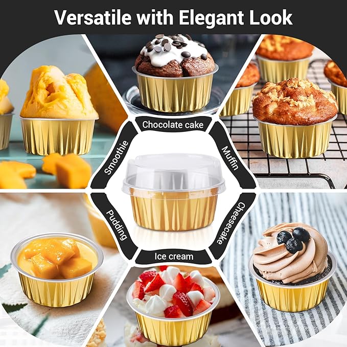 EUSOAR Disposable Ramekins Aluminum Foil, Gold 25Packs 5oz Baking Cups with Lids Mini Muffin Liners, Dessert Cheesecake Pan Creme Brulee Cupcake Containers for Catering Club Wedding Party