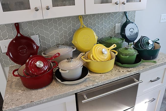 Larder & Vine 5-Piece Enameled Cast Iron Cookware Set - Includes 5.7 Quart Dutch Oven with Lid, 10.25 Inch Skillet, 2.2 Quart Saucepan with Lid (Cabernet)