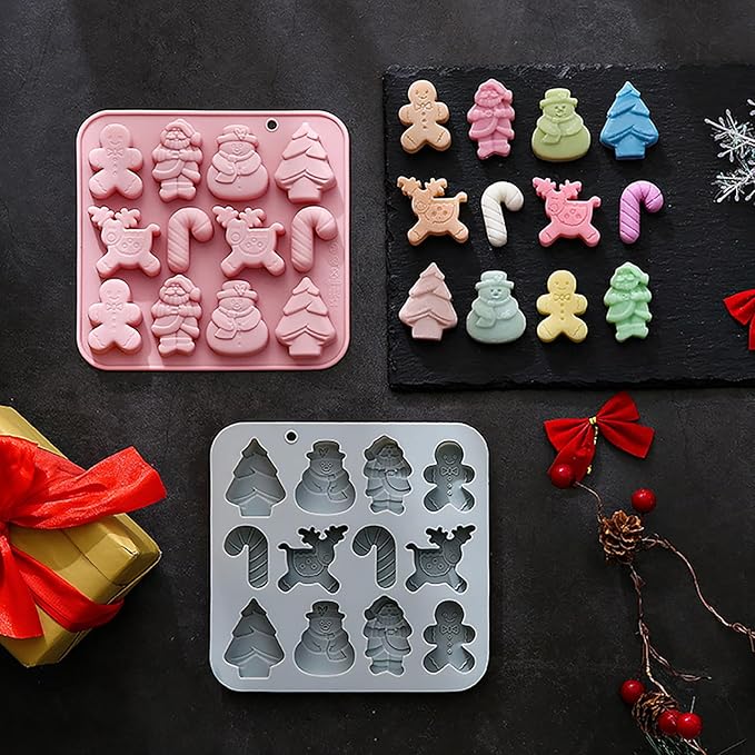 Christmas Silicone Chocolate Molds, 2Pcs Baking Molds Santa Claus Snowman Gingerbread Man Tree Walking Stick Elk 6 Shapes for Jelly Candy Ice Cube Fudge Resin