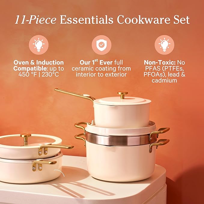 Our Place 11-Piece Essentials Complete Cookware Set - Ceramic Fry Pan, Saucepan, Sauté Pan, Stock Pot, Strainer Basket & Rack Storage | Thermakind™ Nonstick, Oven Safe up to 450°F | Terracotta