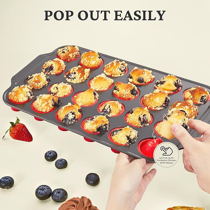 Silicone Mini Muffin Pan with Metal Frame, Egg Bite Molds for Baking for Baking, Cupcake Pans 24 Regular Size, Muffin Tins Easy to Pop Nonstick Non Toxic Bakeware for Oven,Red