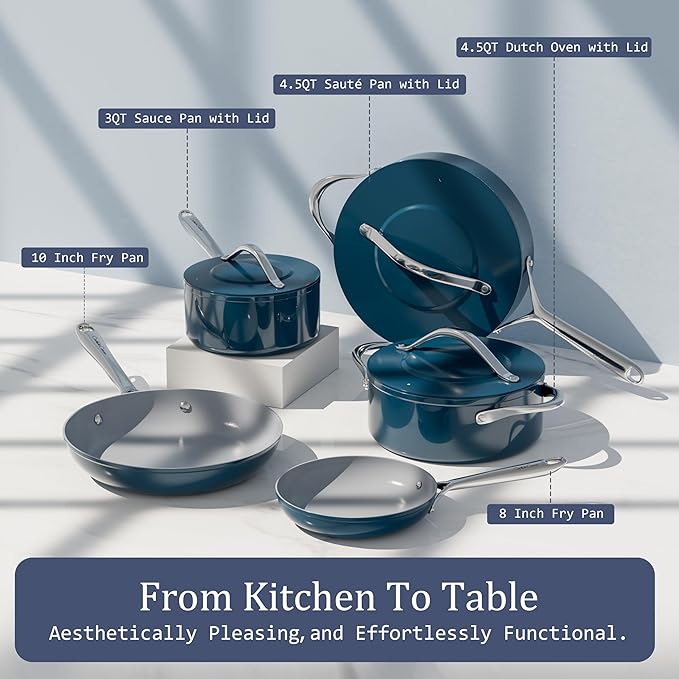 Ceramic Cookware Set Nonstick Pots and Pans Set with Lid PFAS-Free Non Toxic Cookware Set with Advanced G7 Ceramic Coating, Oven Safe Up To 500°F, Quick & Even Heat Distribution, Navy Blue