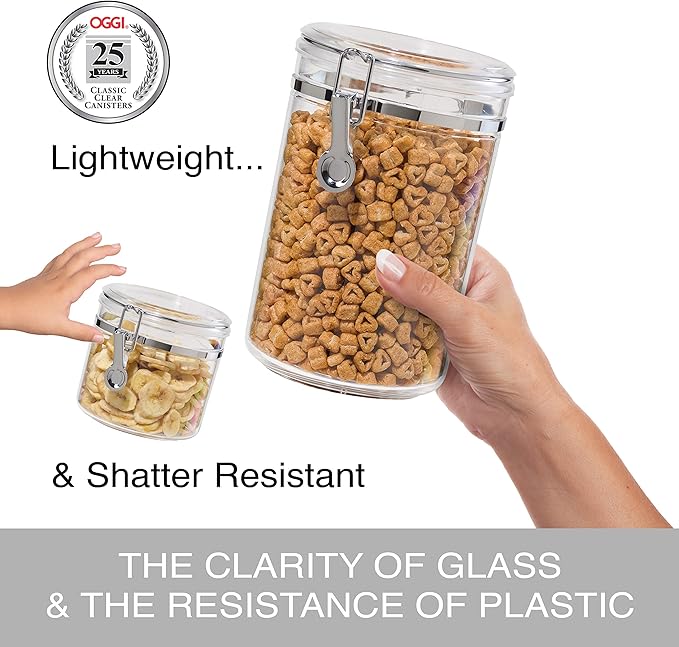 Oggi Jumbo Clear Canister with Clamp Lid, 150 oz - Airtight Food Storage Container, for Kitchen & Pantry Storage of Bulk, Dry Foods Including Pasta, Flour, Sugar, Coffee, Rice, Tea, Spices & Herbs