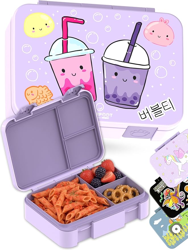 BEARFOOT Kids Lunch Box with Compartments – Compact & Lightweight | Leak-Proof, BPA-Free, Dishwasher & Microwave Safe | Hand-Drawn Design for Preschool, School, Travel (BubbleTea Purple, 4 Cups)