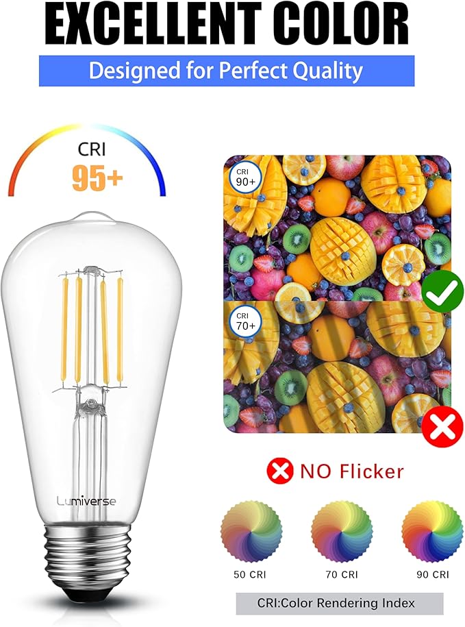Lumiverse Edison Bulbs 60W Equivalent, Dimmable LED Light Bulbs, CRI 90+, Vintage E26 Lightbulbs, Natural White 4000K, ST19 ST58, 5.5W, Antique Clear Glass, 6 Pack
