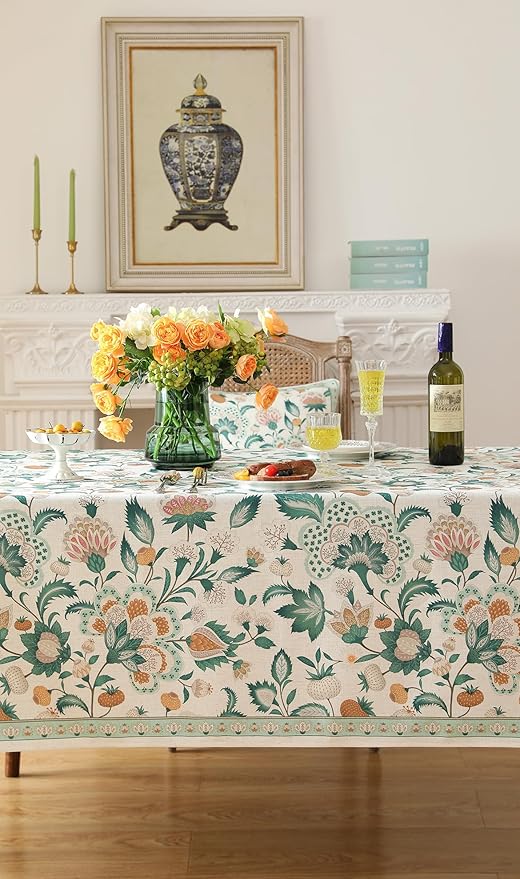 patdrea Designer Linen Green Small Cloth for Rectangle Table,Vintage Italian Floral Country Linen Tablecloth,Decor Cover for Kitchen Dining,Christmas,Thanksgiving,Tea Party,55"x71"-Tree Life