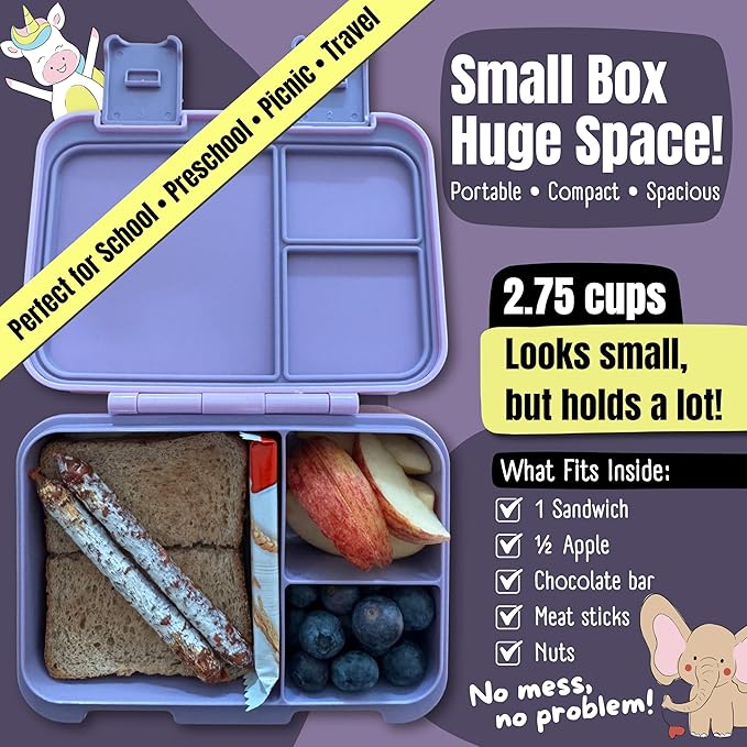 BEARFOOT Kids Lunch Box with Compartments – Compact & Lightweight | Leak-Proof, BPA-Free, Dishwasher & Microwave Safe | Hand-Drawn Design for Preschool, School, Travel (BubbleTea Purple, 2.75 Cups)