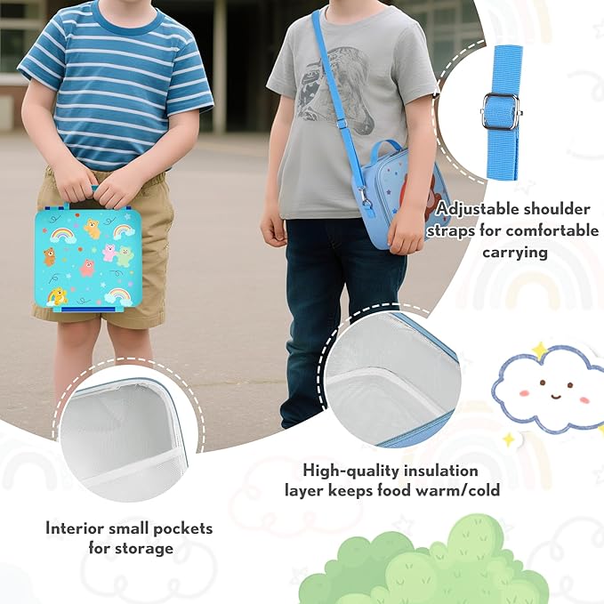 Lunch Box Kids with 5 Compartments, Insulated Food Jar & Utensil & Sauce Container & Lunch Bag & Silicone Collapsible Cup, Leak Proof Bento Box, BPA-Free & Dishwasher Safe-Blue