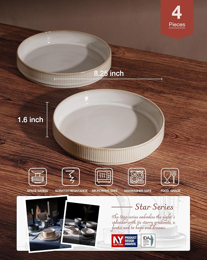 famiware Star 8.25" Pasta Bowls, Large Dinner Bowls Set of 4, Salad Bowl Plates, Shallow Bowls for Eating, Cappuccino White