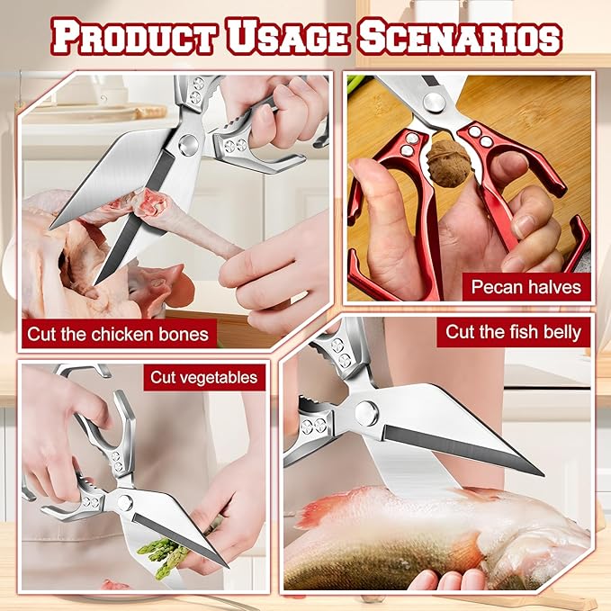Multifunctional Heavy-Duty Kitchen Shears, Heavy Duty Kitchen Scissors for Food with Ergonomic Handle,Stainless Steel Culinary Shears for Chicken Meat Seafood Bone Cutting,Cooking Accessories(Sliver)
