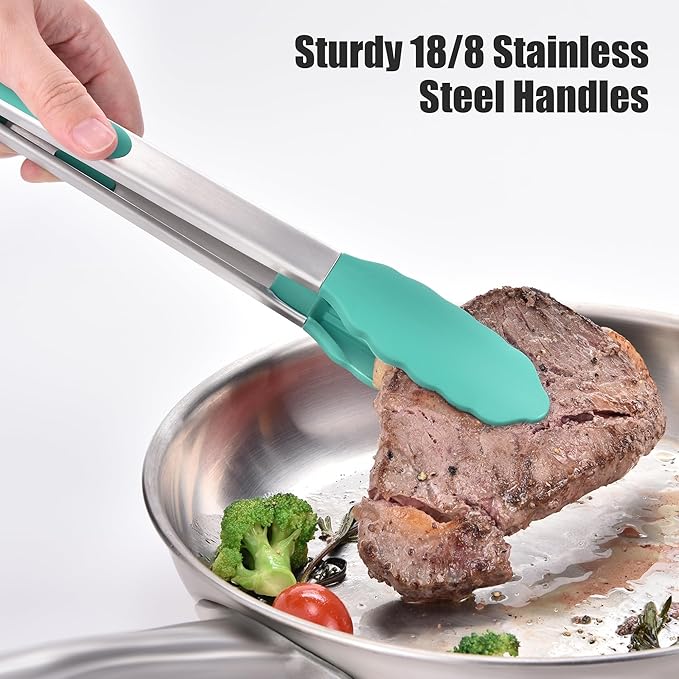 Doosu Kitchen Tongs for Cooking - 600°F Heat Resistant Food Tong Set with Non-Scratch Silicone Tips, Heavy Duty Stainless Steel Locking Tong for BBQ, Grilling Steak, Serving (7+9+12in, Aqua Sky)