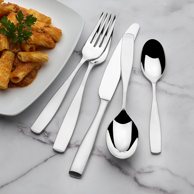Mikasa Satin Loft 65-Piece Flatware Set for 12, 18/10 Stainless Steel Silverware with Forks, Knives, Spoons, and Serving Utensils, Durable and Elegant Design