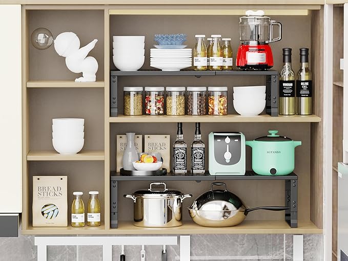 Adjustable Expanable Stackable Spice Rack Shelf Pantry Storage Organizer for Kitchen Cabinet,Countertop,Bathroom and More.Space is no Longer Limited(1Pack/Black/Large)